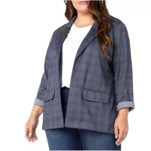 Liverpool Los Angeles 2X Plaid Boyfriend Blazer Open Front Navy Khaki Academia